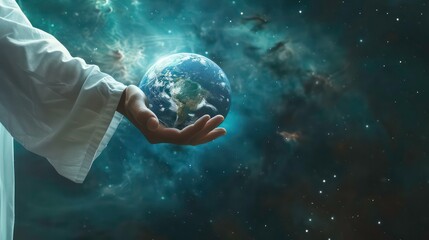 Wall Mural - a hand in a white robe holds the earth, with a starry and nebulous background.