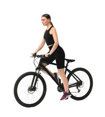 Wall Mural - Beautiful young woman riding bicycle on white background