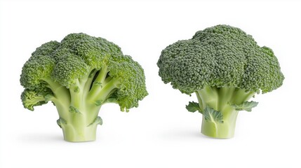 Wall Mural - Two fresh green broccoli florets isolated on white background.