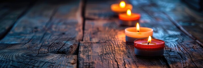 Canvas Print - Glowing candles on a wooden table with texture