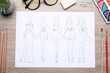 © New Africa - Sketch of stylish clothes and other fashion designer`s supplies on wooden table, flat lay