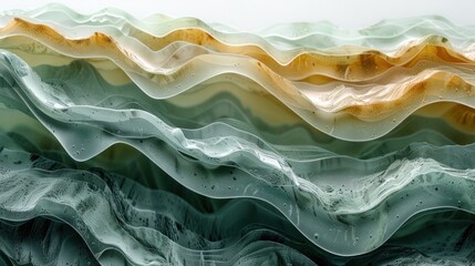 Wall Mural - Wavy glass sculpture with a layered, abstract design in shades of green and yellow