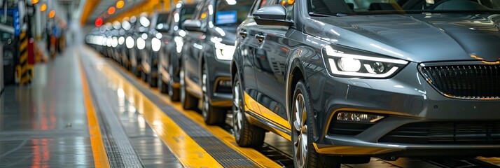 Wall Mural - A series of newly manufactured cars lined up on a production line at an automotive plant, highlighting the precision and technological advancements in modern automobile production.