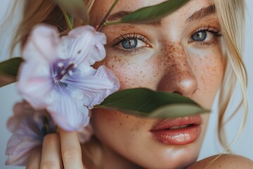 Wall Mural - Womans portrait in studio focusing on skincare routine. Emphasizing beauty, health, and organic self-care with floral elements against a neutral backdrop