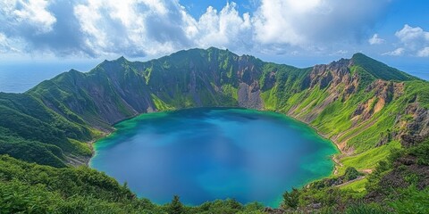 Sticker - Stunning Aerial View of a Vibrant Blue Volcanic Crater Lake with Lush Greenery Under a Clear Blue Sky with Scenic Clouds