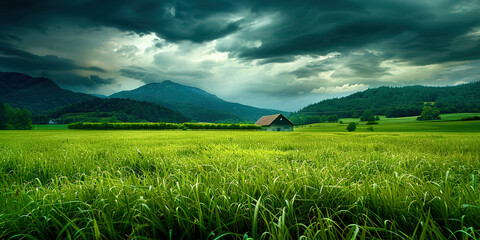 Poster - A green field on a mountain landscape