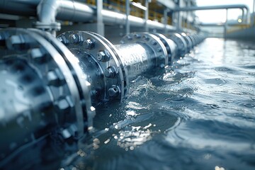 A close-up view of industrial pipes discharging water into a pool