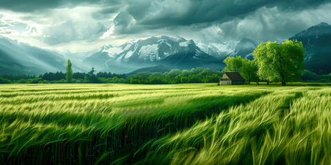 Poster - A green field on a mountain landscape