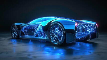 Wall Mural - futuristic sports car glowing with blue light in a dark studio.