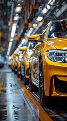 Wall Mural - A dynamic and vibrant automotive factory assembly line featuring striking yellow sports cars being manufactured, emphasizing efficiency, modern design, and advanced technology.