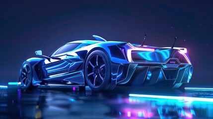 Wall Mural - futuristic sports car in purple neon light, back view, close up.