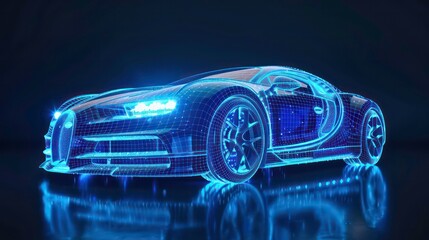 Wall Mural - a futuristic blue wireframe of a sports car on a dark background.