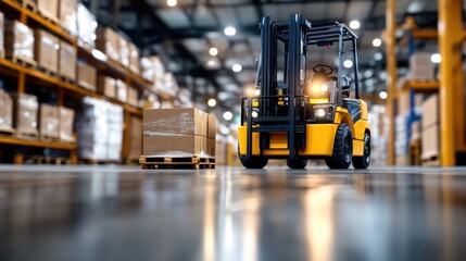 A front-facing perspective of a yellow forklift in a spacious, well-organized warehouse, highlighting industrial efficiency, order, and the machinery essential for logistics.