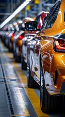 Wall Mural - Cars aligned neatly on a production line in an automotive factory, demonstrating the high level of organization and coordination required in modern car manufacturing processes.