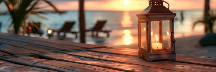 Sticker - Antique lantern with candle positioned on a wooden table by a coastal setting.