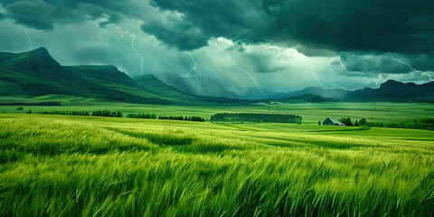 Poster - A green field on a mountain landscape