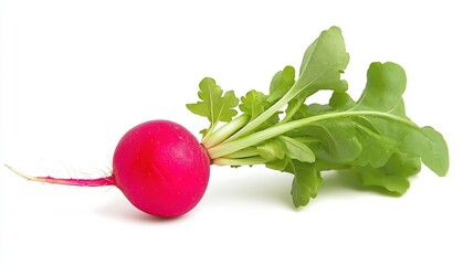 Wall Mural - A single red radish with green leaves isolated on a white background.