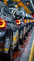 Wall Mural - Black cars aligned in a car manufacturing assembly line, showcasing their sleek design, modern technology, and efficient production process under factory lights.