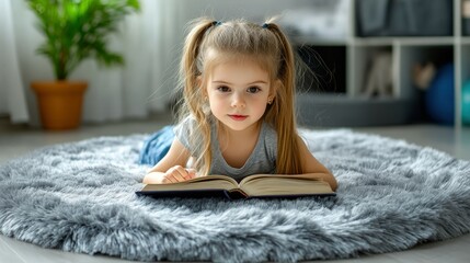 Young girl reading a book while lying on a soft rug in a cozy room