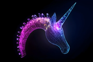 Wall Mural - Neon wireframe crystal unicorn horn headband isolated on black background.