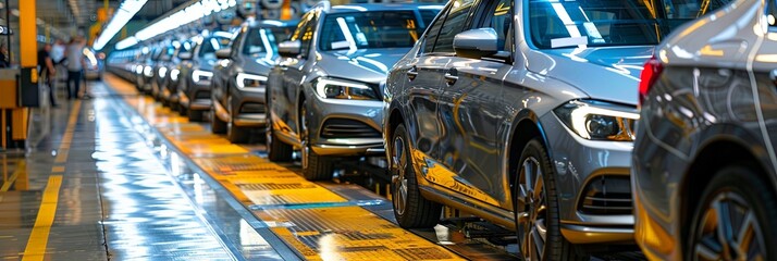 Canvas Print - Gray cars are positioned on an assembly line within a factory, showcasing the well-organized and efficient process of vehicle manufacturing and industrial production.