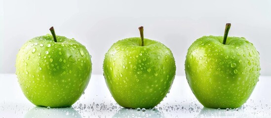 Wall Mural - Three Ripe Green Apples On A White Background Isolated