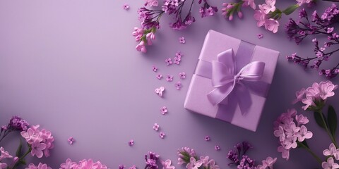 Purple gift box with a lilac flower arrangement on a purple background.