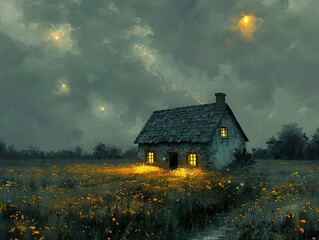 Canvas Print - A Cottage in a Field Under a Starry Sky