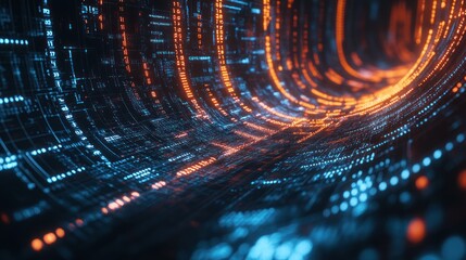 A computer generated image of a long, blue and orange tunnel