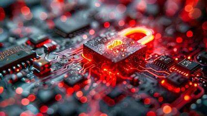 Poster - A glowing padlock on a digital circuit board, symbolizing cybersecurity and data protection
