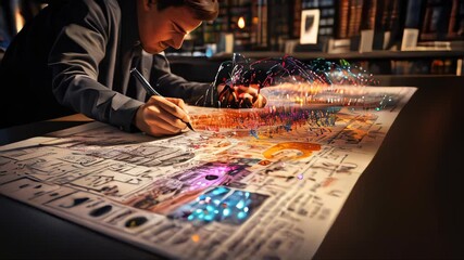 Poster - A man draws important drawings documents abstract high-tech graphs and calculations, concept mental highly professional intellectual work and making deals in business