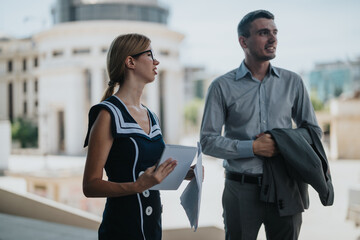 Wall Mural - Professional businesswoman and businessman engage in conversation outside an office building, discussing work while holding a notebook and jacket.