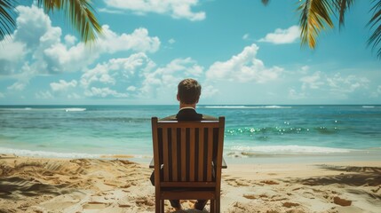 Wall Mural - Man in a suit sits in a chair on a tropical beach looking out at the ocean.