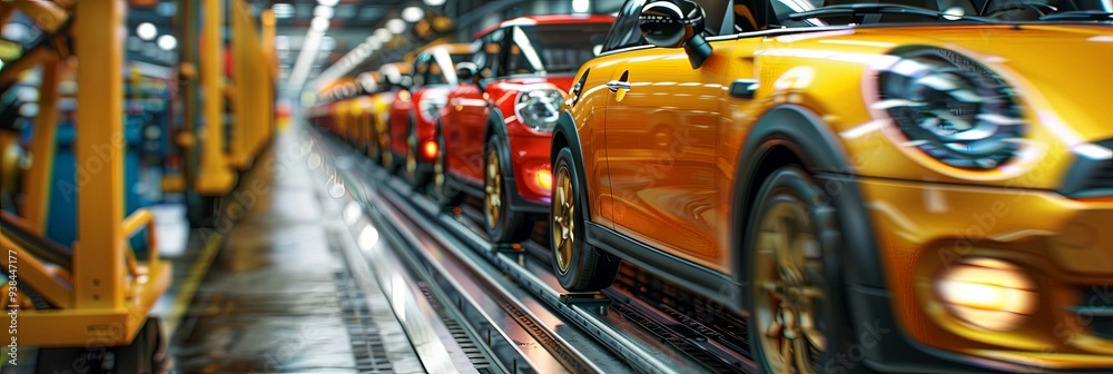 This vibrant image captures a busy automobile assembly line with ...