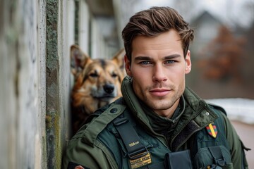 A man with dark hair and blue eyes standing beside a German shepherd. The man in a green uniform and the dog in a harness, both looking at the camera. Background is a blurred forest.