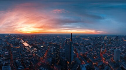 Wall Mural - A city skyline at sunset with a river running through it.