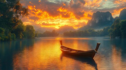 Wall Mural - Lone boat floats on a serene lake surrounded by lush trees and mountains, under a vibrant, fiery sunset sky