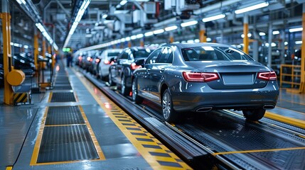 Wall Mural - A series of cars in perfect alignment move smoothly on a factory's assembly conveyer, illustrating the systematic and efficient process of modern vehicle production.