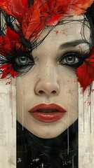 Poster - Intense Portrait of a Woman with Red Flowers