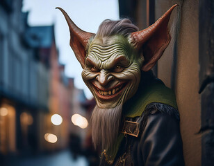 A playful-looking goblin with pointed horns, long beard and a wide, toothy smile sneaks a glance around the corner in the street. Halloween concept