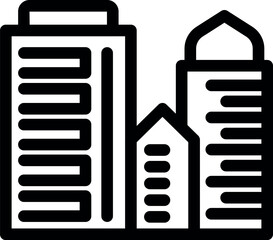 Poster - Simple black and white vector icon of a cityscape, featuring skyscrapers and a smaller building