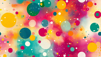 Poster - A playful pattern with colorful circles and dots in various sizes, scattered across a vibrant background of yellow, pink, teal, and orange, creating a lively and energetic design.