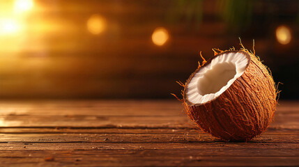 A close-up of a cracked coconut resting on wooden surface under soft warm light, showcasing its texture and natural beauty.