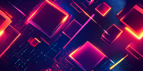 Wall Mural - A futuristic pattern with glowing neon squares and lines, creating a vibrant, high-tech design with an abstract digital theme, featuring shades of pink, purple, and blue.