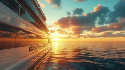 An elegant yacht glides through calm waters at sunset, displaying the horizon's tranquil beauty and the shimmering sea's beauty