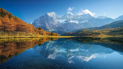  Impressive mountain scenery mirrored in a crystal-clear lake rendered in high-definition for striking details
