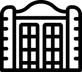 Poster - Black and white vector icon of a closed wrought iron double gate providing security and privacy