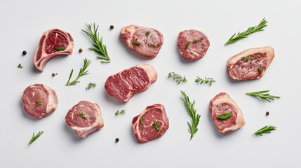 Artfully arranged fresh meat cuts on a background with herbs and vegetables