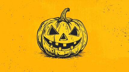 Wall Mural - This pumpkin depicts the essence of Halloween celebrations in autumn, sitting against a vibrant yellow background