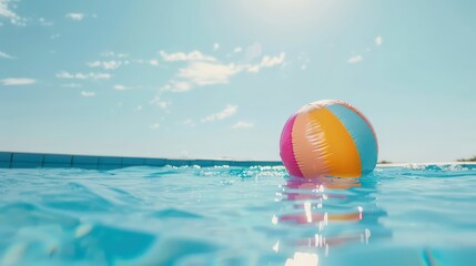 Wall Mural - A colorful beach ball floats in a calm blue pool with a bright blue sky above.